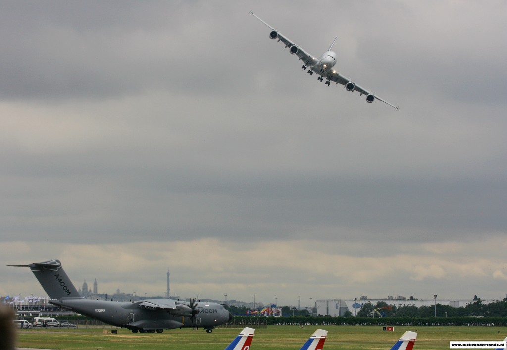 The Airbus A.400M waits at the beginning of the runway whilst the A.380 completes its display.