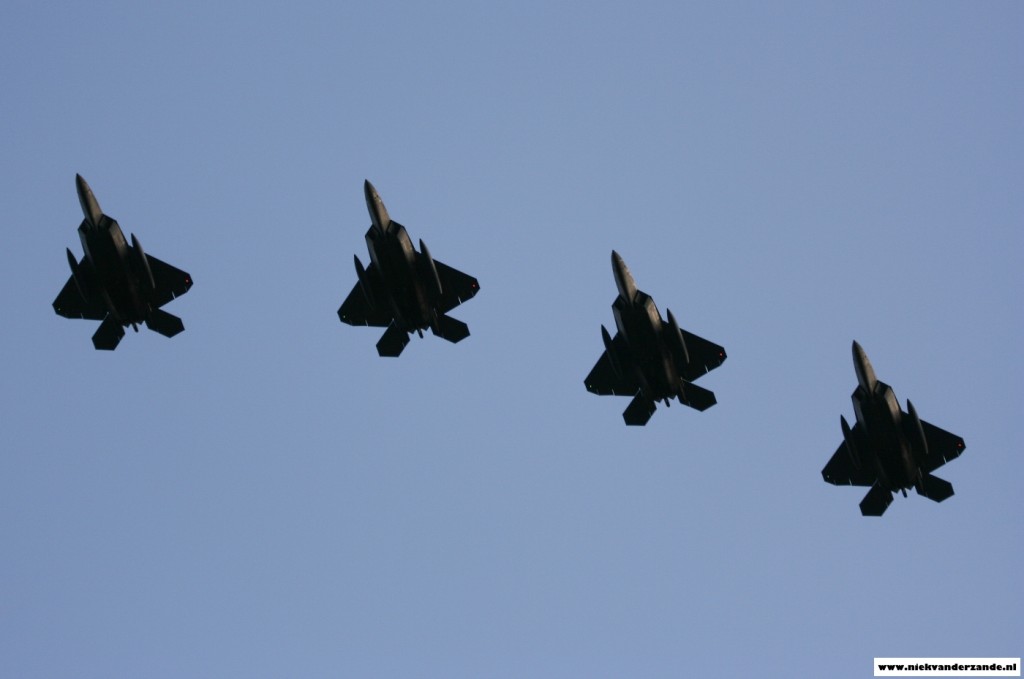 The F-22 Raptors show their distinctive shape upon arrival at Spangdahlem Airbase