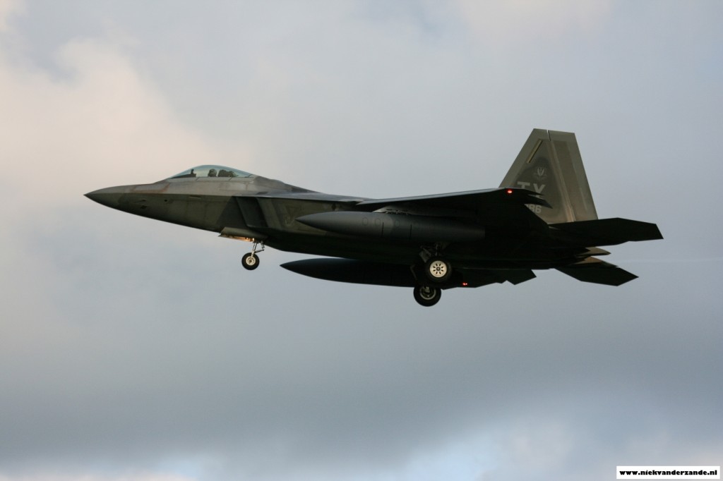 One of the four F-22 Raptors landing at Spangdahlem's Runway05.