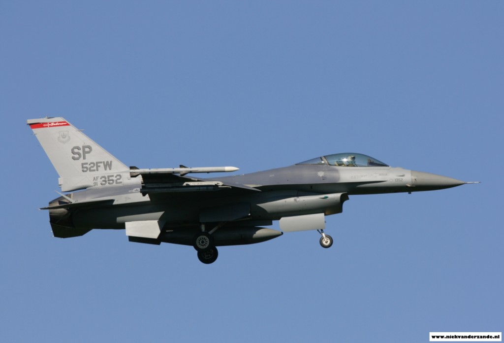 The 52nd Fighter Wing Commander's F-16C sporting special markings, lands at its homebase.